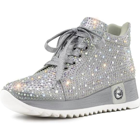 Women's Fashion Glitter Sneakers Platform Wedge Shoes Sparkly Rhinestone HighTop - Picture 7 of 7